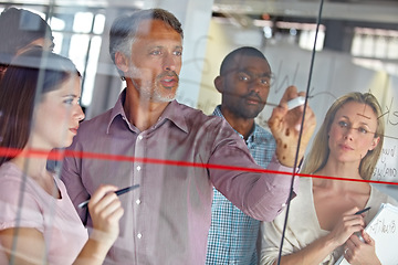 Image showing Business people in brainstorming meeting, ideas on glass board for creative project at digital marketing startup and teamwork. Senior man team leader, collaboration and strategy with market research