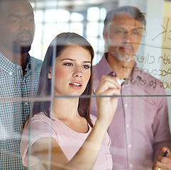 Image showing People in brainstorming meeting, writing notes on glass for creative business project at digital marketing startup and teamwork. Woman team leader, collaboration and strategy with market research