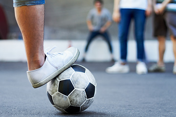 Image showing Soccer ball, closeup and foot with exercise, fitness and competition with training, workout and health. Zoom, feet and team with match, football and sports with shoes, growth and athlete in a game