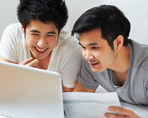 Image showing Smile, email and a gay couple with a laptop for bills, insurance or mortgage payment at home. Happy, bedroom and Asian men reading information to pay a loan with online banking on a computer