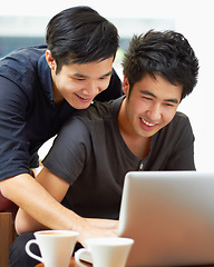 Image showing Happy, email and a gay couple with a laptop for a movie, internet search or reading web research. Smile, love and Asian men with a computer for online information, movie choice or show together