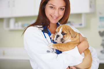 Image showing Woman vet, dog and clinic portrait with smile, care and love for health, wellness or growth. Female veterinarian, doctor and puppy with hug, happiness and healthcare in hospital for medical attention