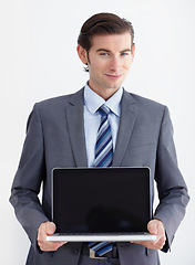 Image showing Laptop screen, mockup and portrait of business man in studio for website, email and administration. Happy, smile and technology with employee on white background for corporate, internet or networking