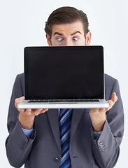 Image showing Laptop screen, mockup and deal with business man in studio for website, email or administration. Silly, news and technology with employee on white background for corporate, internet and networking