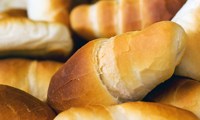 Image showing Croissant bread, food and bakery of rolls from cooking, catering service, breakfast or baking meal at cafe. Closeup of fresh baked, bun or roll snack for eating, nutrition or fiber in the restaurant