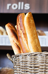 Image showing Bakery, bread basket and grocery store, supermarket or coffee shop for a diet or healthy food with nutrition. Morning, kitchen and oven baked fresh roll or product for lunch or breakfast in a shop