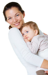 Image showing Portrait, love and mother with baby in a studio hug, care and embracing against a white background. Face, smile and parent with little boy hugging, happy and enjoy bond, relationship and motherhood