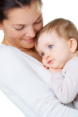 Image showing Love, smile and mother with baby in a studio hug, care and embracing against a white background. Face, relax and parent with little boy hugging, happy and enjoy bond, relationship and motherhood