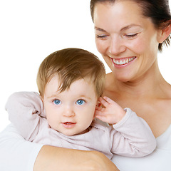 Image showing Happy, love and mother with baby, hug and smile in studio, cheerful and enjoying motherhood against a white background. Face, children and parent with little boy, hugging and bonding while isolated