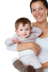 Image showing Portrait, hug and mother with baby in studio with love, smile and care against white background. Happy, face and woman embracing boy child, play and enjoy bond, relationship and parenthood together