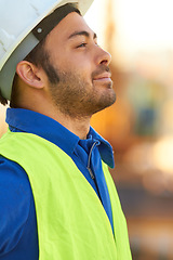 Image showing Construction worker, engineer and man thinking outdoor, vision or contemplating. Architect, idea and contractor person in profile planning for architecture, civil engineering and project development.