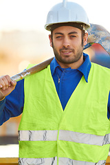 Image showing Portrait, construction and man with a shovel, industry and architecture with skills, renovation and vest. Face, male person or employee with tools, equipment or safety with labor, spade or protection