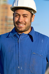 Image showing Happy man, architect and portrait smile for construction, building or industrial architecture in the city. Male person, engineer or contractor smiling with hard hat for safety in maintenance on site