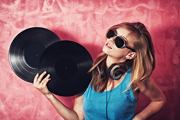 Image showing DJ woman, mixer and sunglasses with vinyl records, vision and thinking for career at club, studio or party. Girl, music and party with ideas, headphones and mindset for event, celebration and job