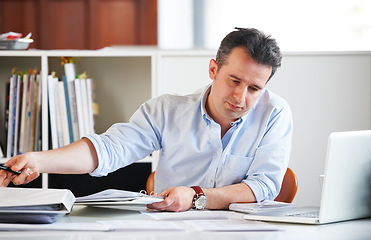 Image showing Business, employee and man tired, fatigue and frustrated with consultant, overworked or laptop glitch. Male person, employee or entrepreneur exhausted, deadline and exhausted with stress or architect
