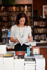 Image showing Book, woman and reading in a store, library or bookstore customer and choosing a novel to buy, read or study. Girl, bookshelf and studying books for college, university or research information