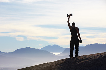 Image showing Back, mountain and man with fitness, silhouette and exercise with fresh air, training and cardio. Male person, guy and athlete outdoor, endurance or performance with workout goal, progress or victory