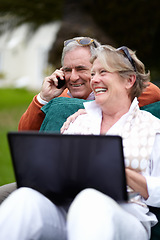 Image showing Phone call, laptop and an old couple in the garden of a hotel for travel or vacation at a luxury resort. Love, technology or communication with a senior man and woman tourist outdoor at a lodge