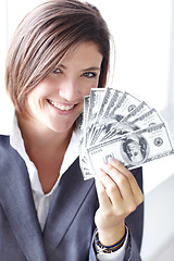 Image showing Portrait, business and woman with cash, bills and savings with investment, profit growth or finance. Face, female person or accountant with money, financial or economy with wealth, bonus and increase