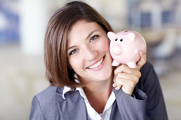 Image showing Happy, finance and portrait of a woman with a piggybank for savings, budget and coins. Smile, money and face of an accounting manager with a tool for insurance, investment profit and cash at work