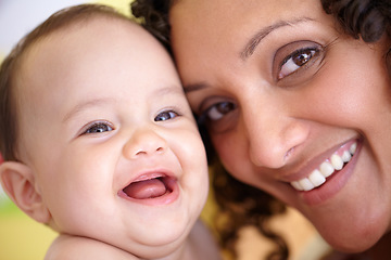 Image showing Mother, baby and closeup portrait of happy faces of Arabic family or picture of mom, laughing kid and fun memory together. Face, healthy child and mommy smile of happiness in home, house or bedroom