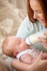 Image showing Mother, baby and feeding milk from bottle for nutrition, healthy breakfast and diet in the morning. Mom, child and feed newborn formula food for growth, development and wellness in happy home bedroom