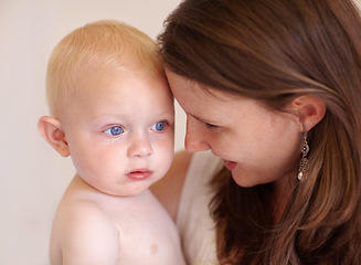 Image showing Happy, baby and mother with a smile, care and family with joy, child development and love. Female person, mama and mom with a toddler, infant and bonding with support, safety and home with protection