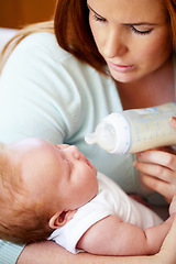 Image showing Mom, milk and feed baby from bottle for nutrition, healthy breakfast and diet in the morning. Mother, child and feeding newborn formula food for growth, development and wellness together in home.