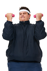 Image showing Plus size, weight training and fitness of man in a studio with exercise and training for diet goals. White background, smile and male model with healthy and wellness goals for overweight problem