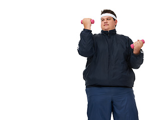 Image showing Plus size, weight training and mockup of man in a studio with exercise and training for diet goals. White background, smile and male model with healthy and wellness goals for overweight problem