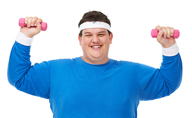 Image showing Plus size, weight training and happy portrait of man in a studio with exercise and training for goals. White background, smile and male model with healthy and wellness goals for overweight problem