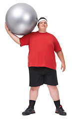 Image showing Portrait, obesity and man with exercise ball, weight loss and guy isolated against a white studio background. Face, male person and model training, overweight and obesity with fitness and wellness