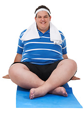 Image showing Fitness, plus size and portrait of a man doing a exercise in a studio for weight loss, health or wellness. Sports, training and happy male person ready for workout isolated by a white background.