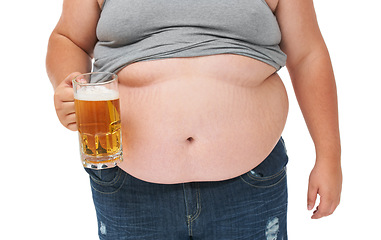 Image showing Beer, weight gain drink and plus size stomach in a studio with alcohol problem with gut health issue. Heavy, overweight and drinking carbs with unhealthy body and alcoholic with high calories