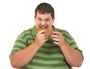 Image showing Obesity, eating chocolate and portrait of man with smile, unhealthy diet and isolated on white background. Nutrition, weight loss and food addiction, face of happy male model with candy in studio.