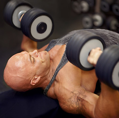 Image showing Fitness, weightlifting and dumbbells with man in gym for muscle, workout and strong. Exercise, training and dumbbells with male athlete and equipment for heavy, commitment and powerlifting