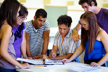 Image showing Education, university and a teacher with his students in the class for lecture or group study hall session. Learning, scholarship and friends in college with a male professor for exam preparation