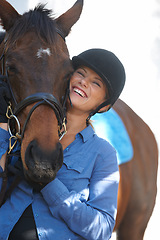 Image showing Happy, portrait and a woman with a horse for sports, farm training and riding. Smile, free and a young rider with an animal for recreation, sport or exercise for competition or race in nature