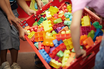 Image showing Closeup, hands and kids with plastic blocks, colors and playing with fun, games and education. Zoom, children or young people in a classroom, school and playful with child development, box and creche