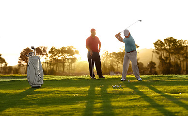 Image showing Morning, golf and men on a course for training, competition or professional game. Fitness, summer and friends on the grass golfing during retirement for holiday, hobby and recreation at a club