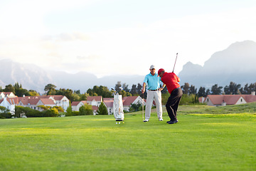 Image showing Golf course, stroke and training on the course, field or men in professional, golfer sports club and exercise on the grass. Friends, businessman or healthy game or competition on the green turf