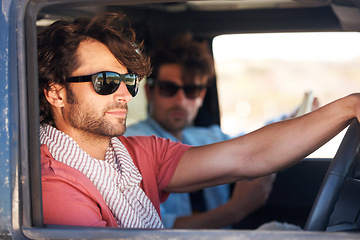 Image showing Road trip, driving and men for travel adventure, journey and holiday in summer, sunglasses and tourism. Driver, people or young friends for transport, car and conversation, talking and real vacation