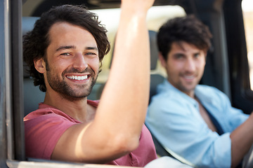 Image showing Happy, travel and portrait of men in a car for a drive, road trip or holiday together. Smile, journey and friends driving in transportation for vacation, happiness or an adventure or bonding