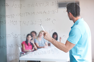 Image showing Presentation, training and business people or manager in meeting for project startup, planning or coaching on glass. Group, employees and man with board for teaching, workflow and internship coaching