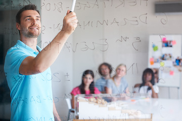 Image showing Presentation, training and creative business people or manager in meeting for project startup, planning or coaching. Designer, employees or man on glass board in teaching, ideas or team brainstorming