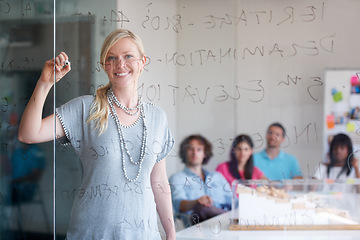 Image showing Presentation, writing and portrait of business woman in meeting for project startup, planning or coaching on glass. Group of people, employees and leader with creative management, training and goals