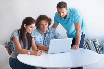 Image showing Laptop, teamwork and creative people in business startup, website design ideas and online solution. Collaboration, check and web designer team, woman and men talking, planning and review on computer