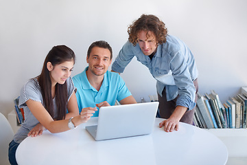 Image showing Laptop, portrait and creative people for business startup, website design and online planning with teamwork. Collaboration, agency and web designer team, face of man and group for review on computer