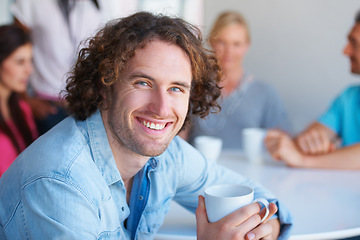 Image showing Portrait, business and man with staff, lunch and smile with coffee, happiness and teamwork. Face, male person and employee with group, break and conversation with coworkers, consultant and agent