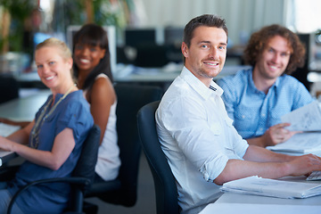 Image showing Portrait, workspace and business people in teamwork, coworking and creative startup or agency in office. Happy, diversity and face or group of women, men or designer at desk and working together